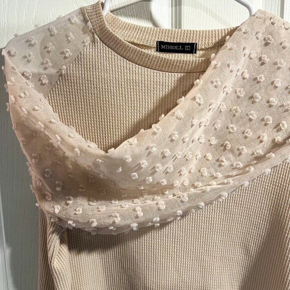 MIHOLL Large Solid Cream Sheer Pompom Balloon Sleeves Waffle Knit Shirt - Picture 3 of 4